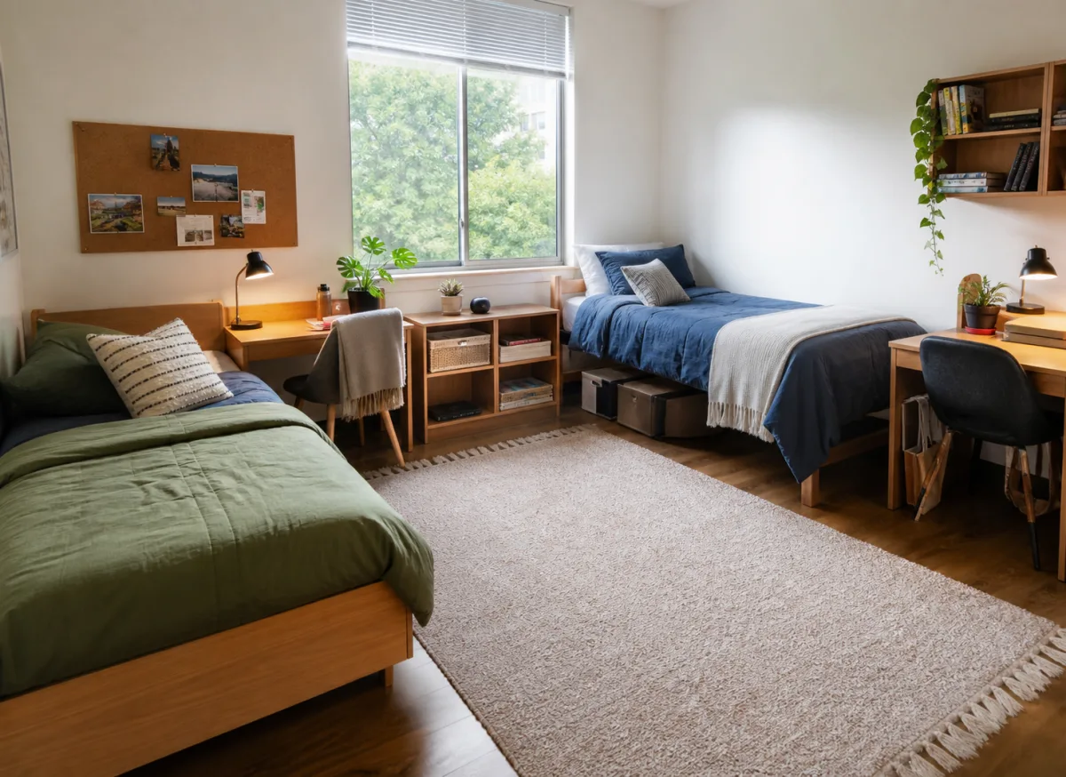 Two separate beds and study desks in a shared room near UT Austin