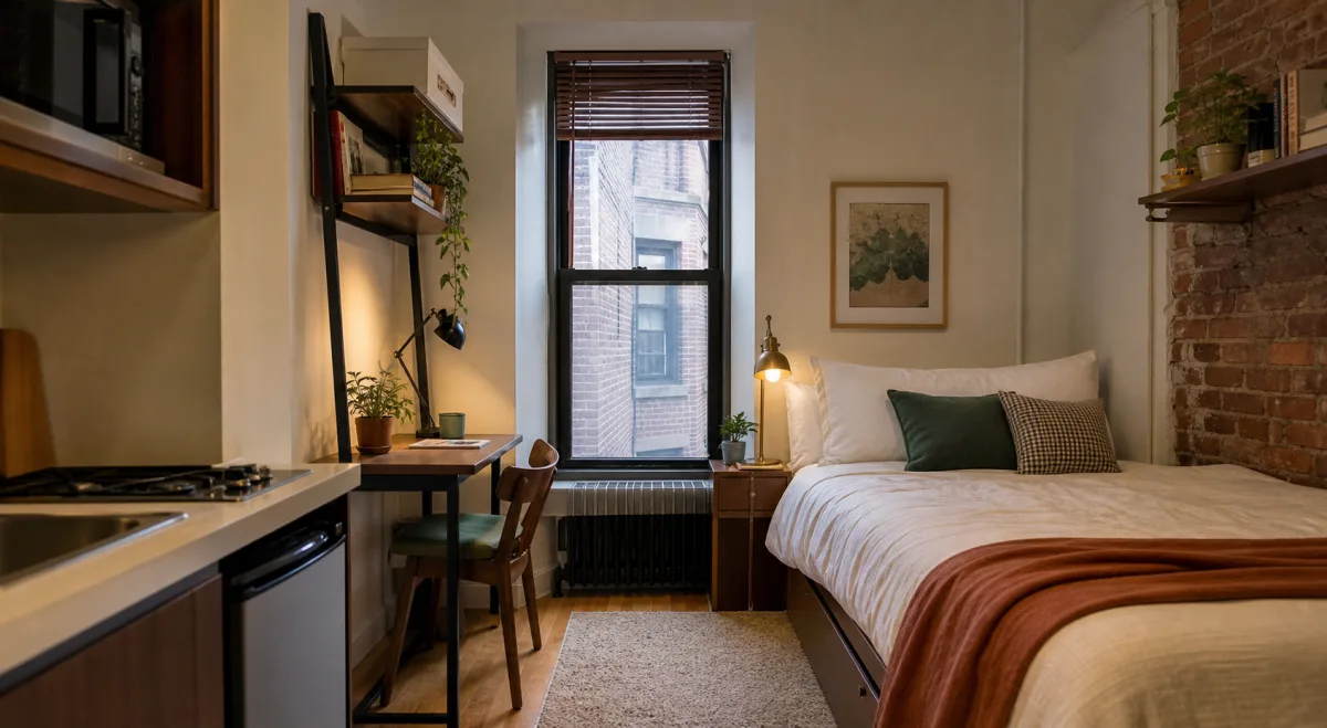 Compact studio near NYU with a desk and kitchenette